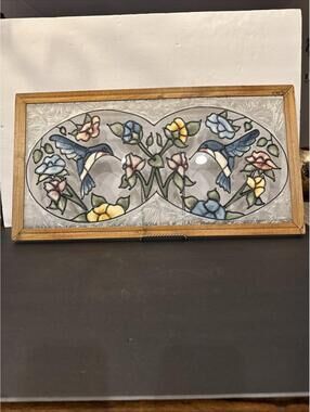 Hummingbirds With Floral Painted  Stained Glass Window Art Piece 25.25” X 13.5”
